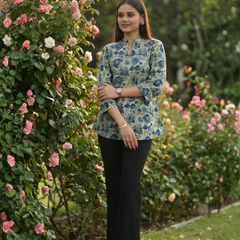 Floral Breeze Blue Cotton Kurti