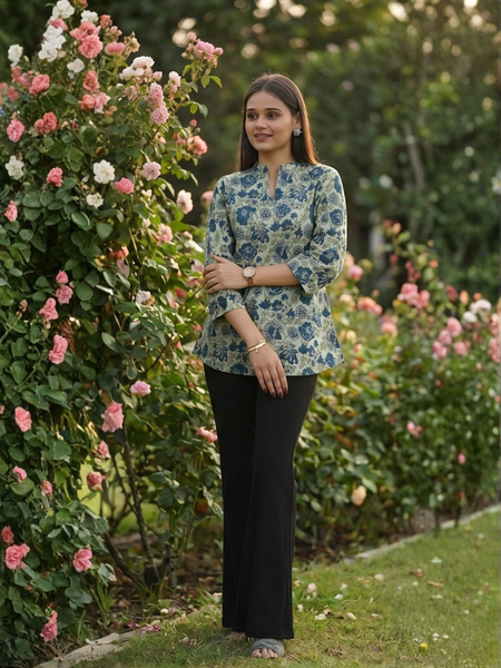 Floral Breeze Blue Cotton Kurti