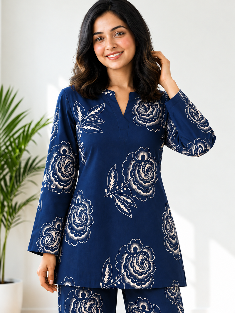 Elegant Navy Floral Printed Co-Ord Set