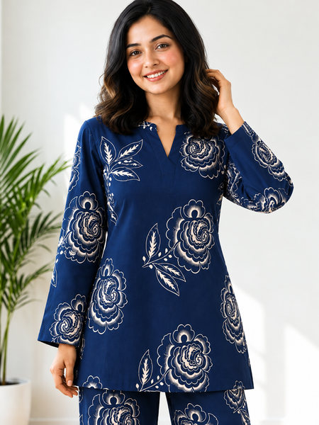 Elegant Navy Floral Printed Co-Ord Set