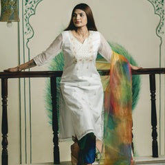 traditional white embroidered kurta with rainbow dupatta
