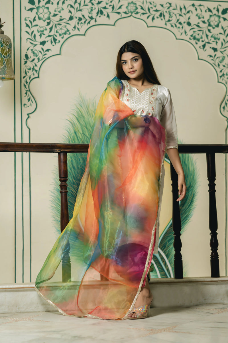 designer white organza kurta set with bow pants
