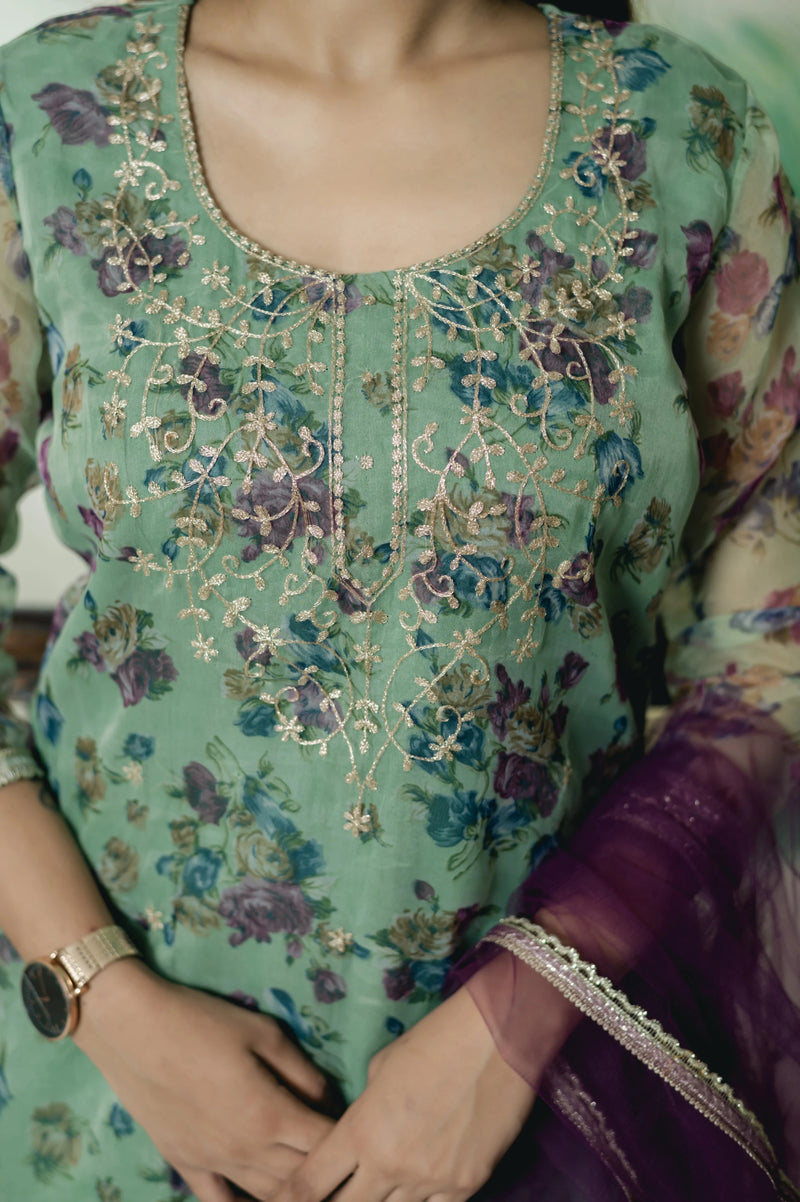 festive ethnic kurta pant dupatta set with pitta work
