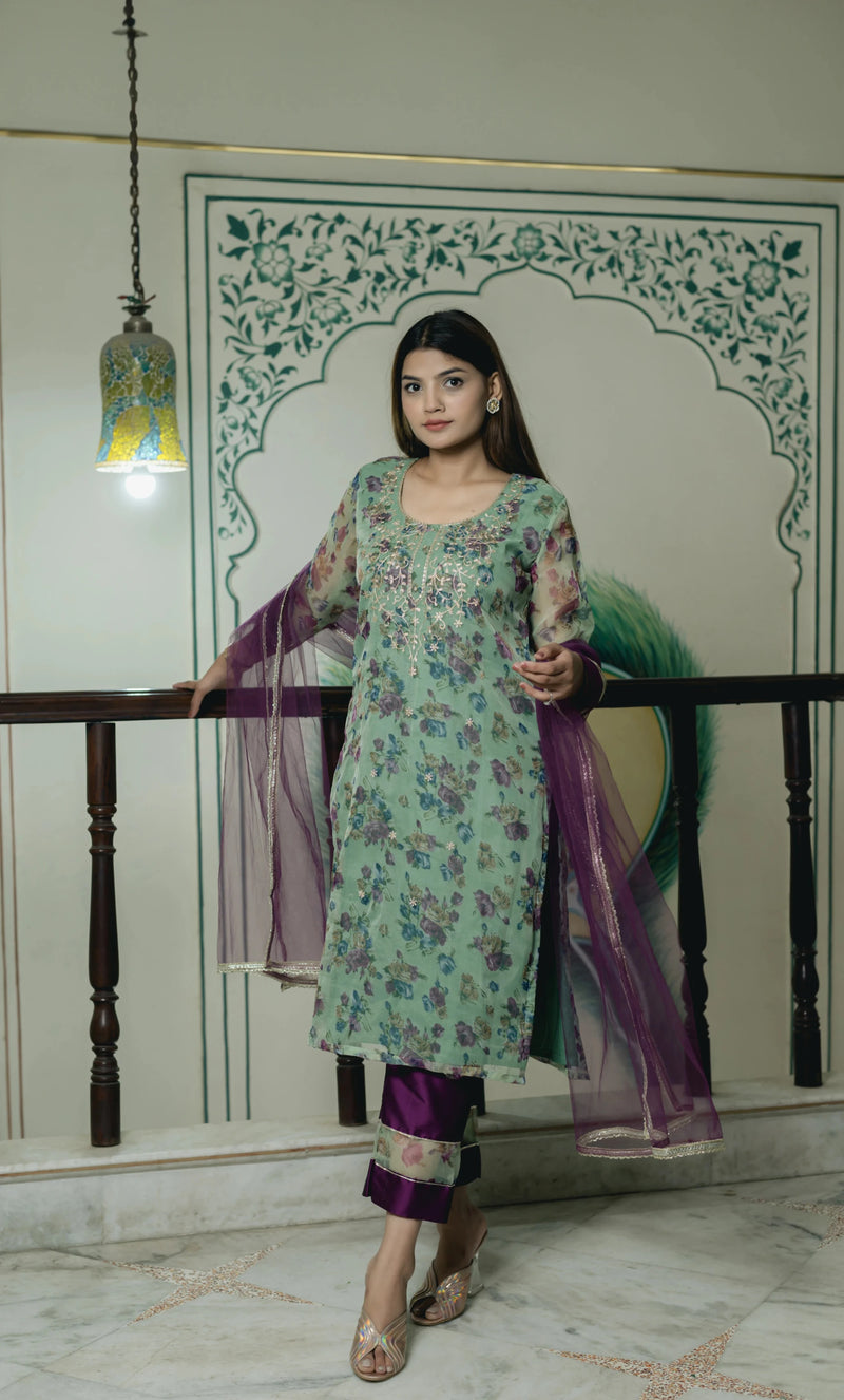 floral organza indian suit set with satin pants
