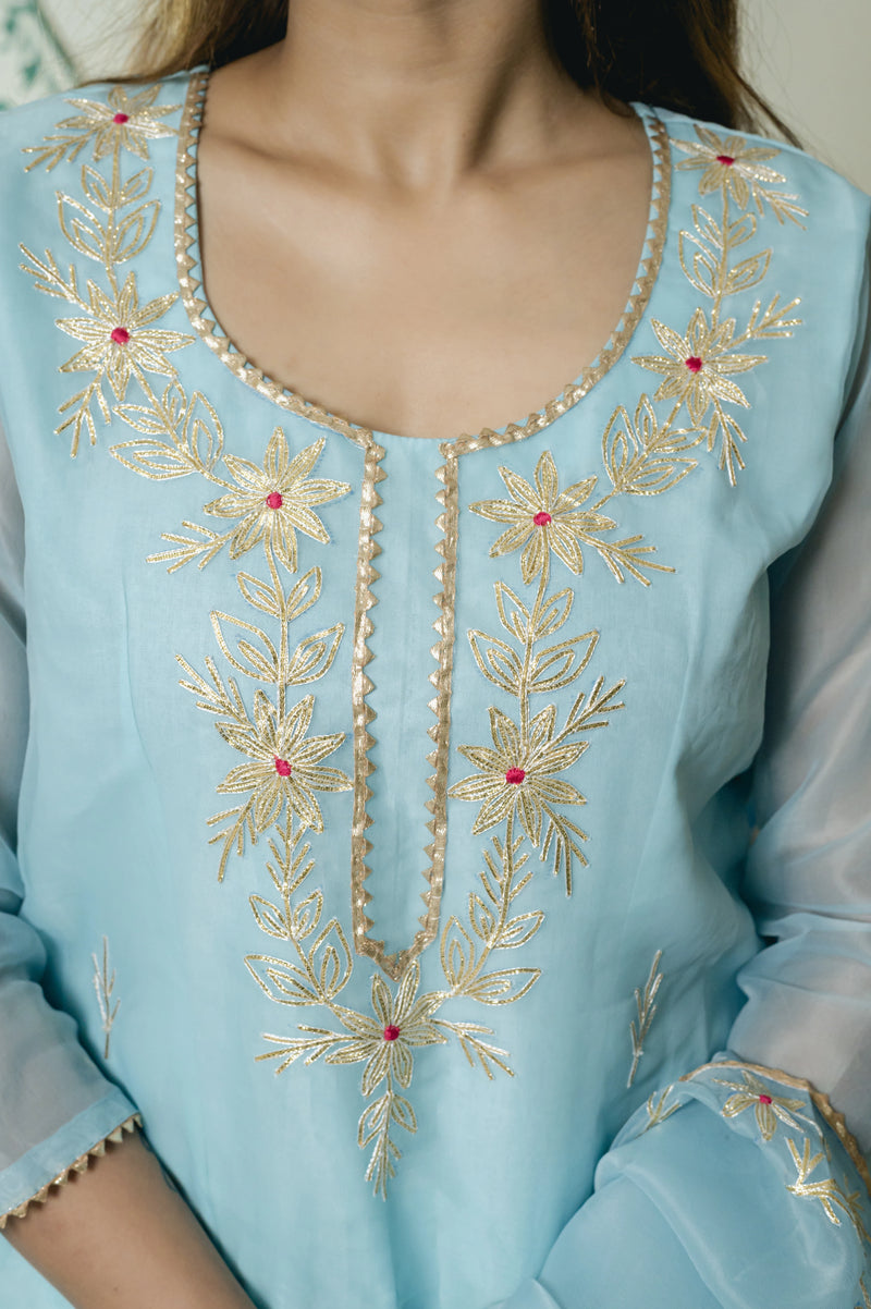 sky blue organza gota patti suit set for women
