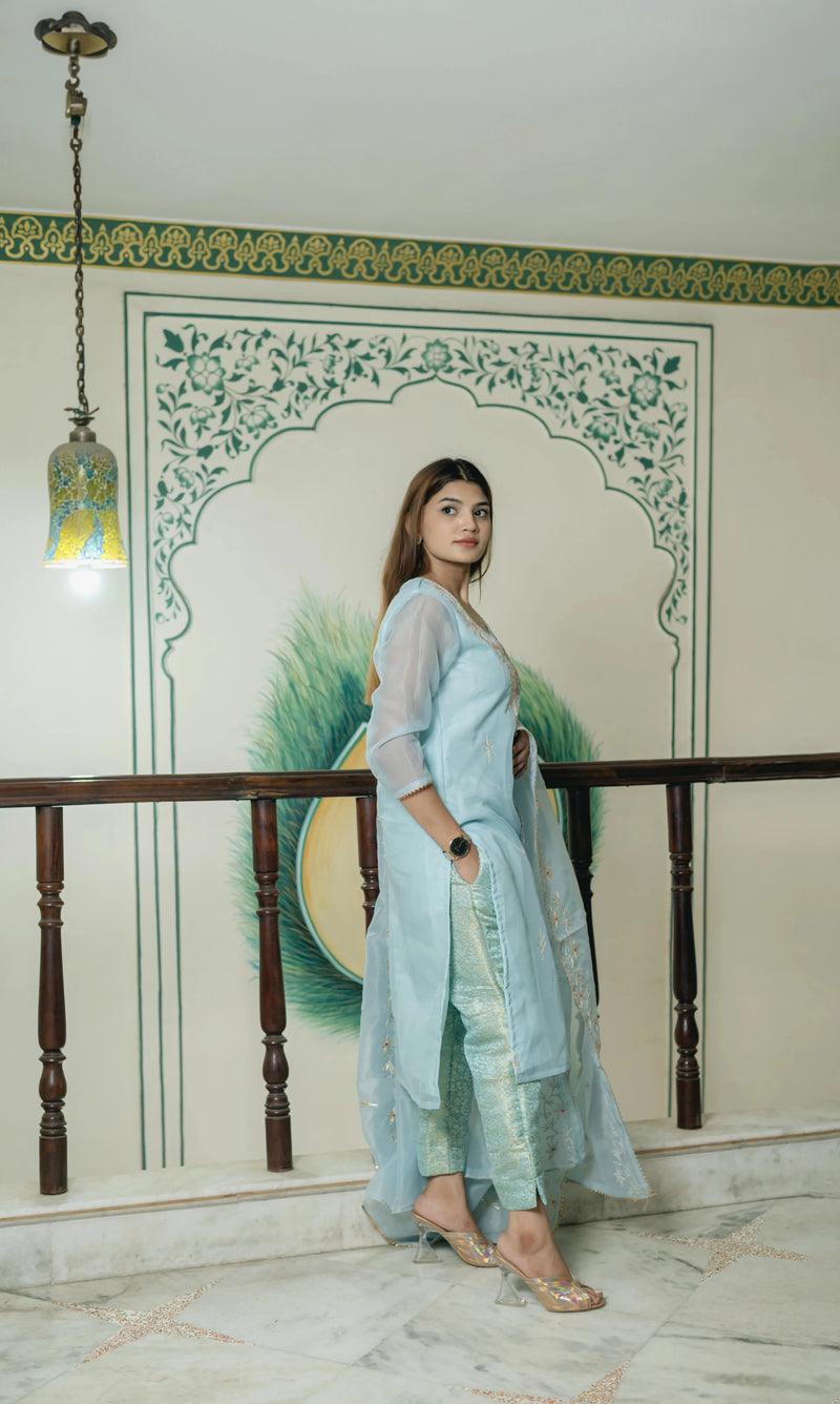 pastel blue ethnic suit with brocade pants
