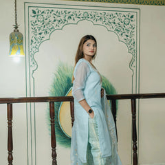 pastel blue ethnic suit with brocade pants
