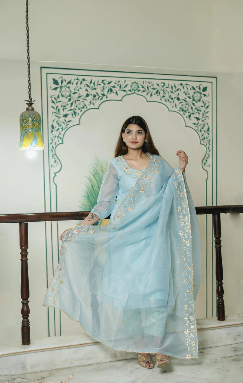 festive sky blue salwar suit with embroidered dupatta
