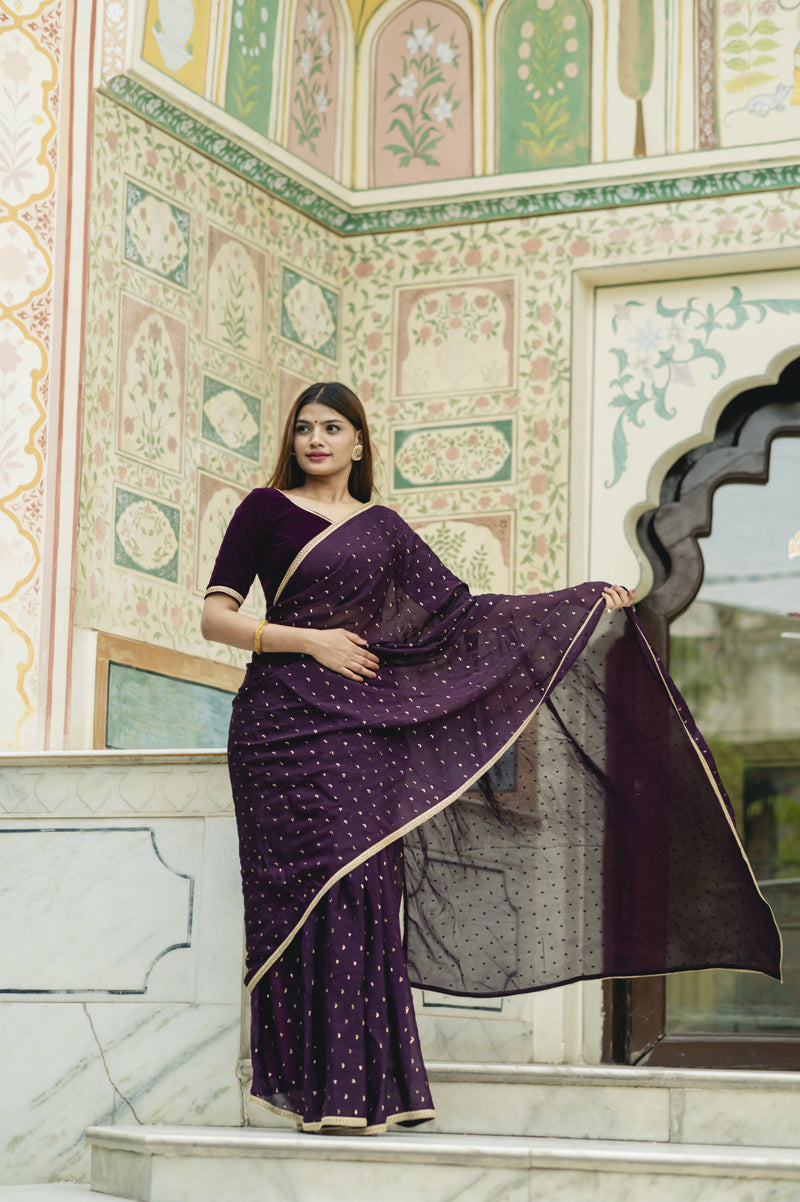 traditional purple saree party outfit
