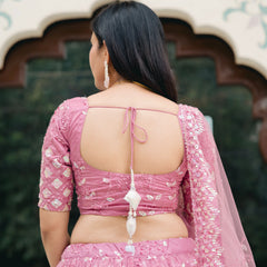 pink thread work lehenga set for women
