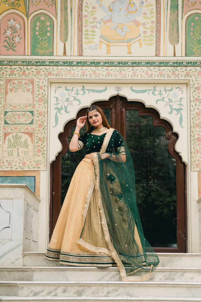 Gold lehenga with green velvet blouse
