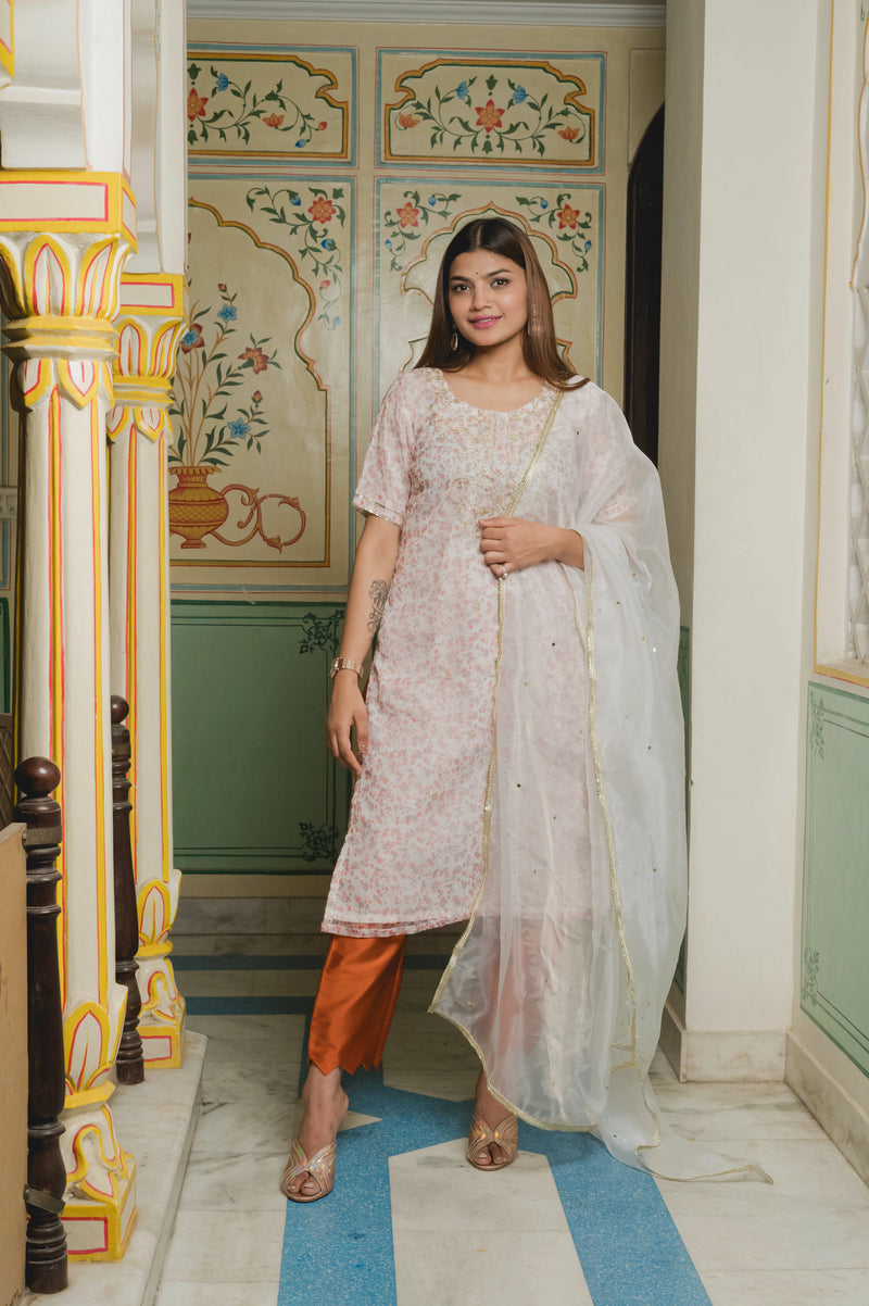 white Print Organza Suit Set front view

