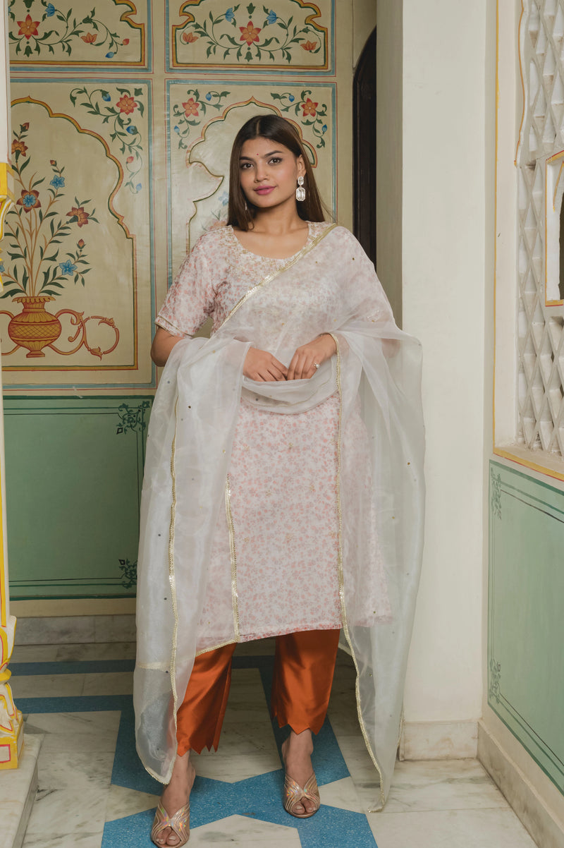 white Print Organza Suit Set for women

