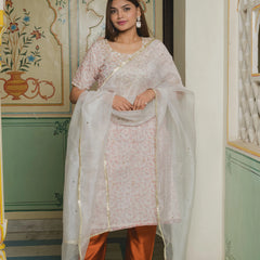 white Print Organza Suit Set for women
