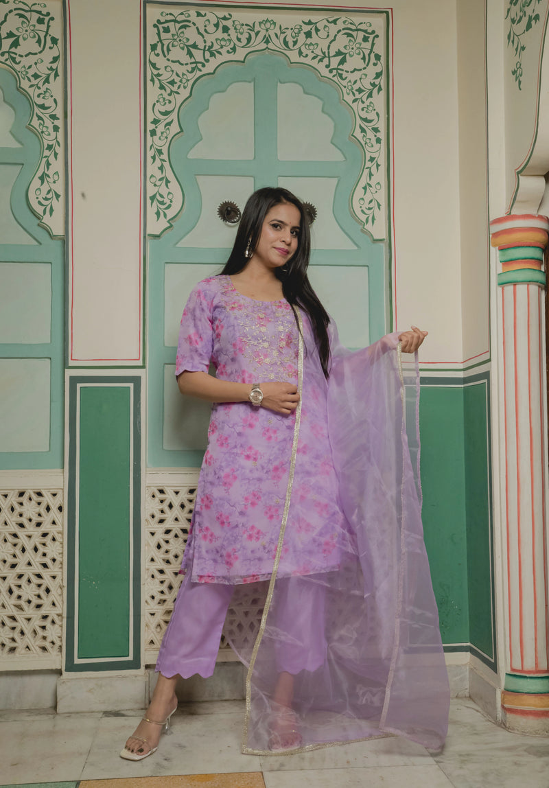 Light Purple Pink Printed Organza Suit Set
