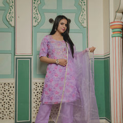 Light Purple Pink Printed Organza Suit Set
