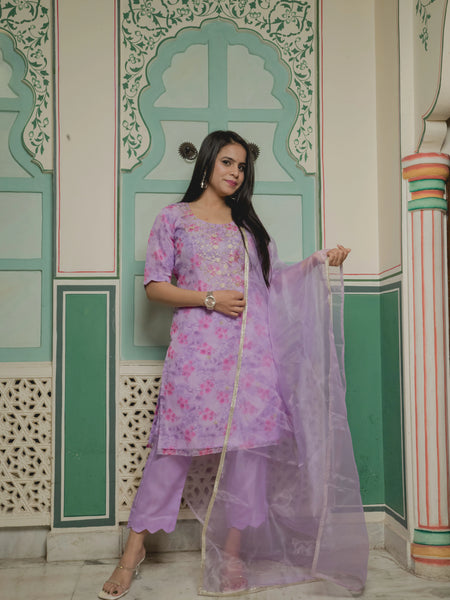 Light Purple Pink Printed Organza Suit Set
