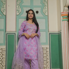 Light Purple Pink Printed Organza Suit Set Front View
