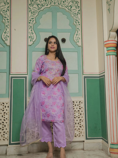 Light Purple Pink Printed Organza Suit Set Front View
