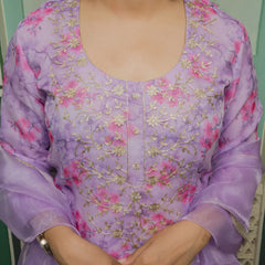 Light Purple Pink Printed Organza Suit Set Close View
