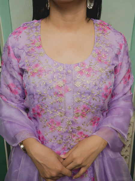 Light Purple Pink Printed Organza Suit Set Close View
