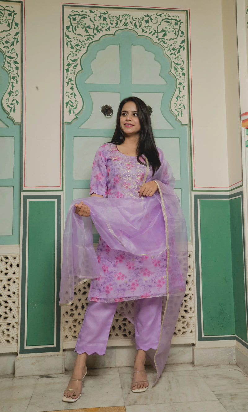 Light Purple Pink Printed Organza Suit 
