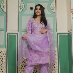 Light Purple Pink Printed Organza Suit 

