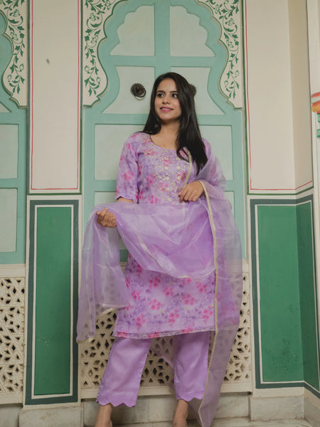 Light Purple Pink Printed Organza Suit 
