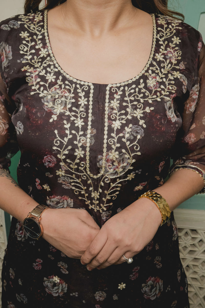 Brown And Golden With Floral Organza Suit Set close view
