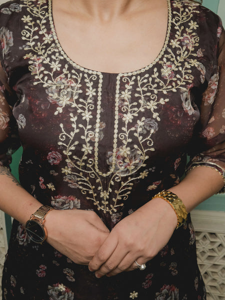 Brown And Golden With Floral Organza Suit Set close view
