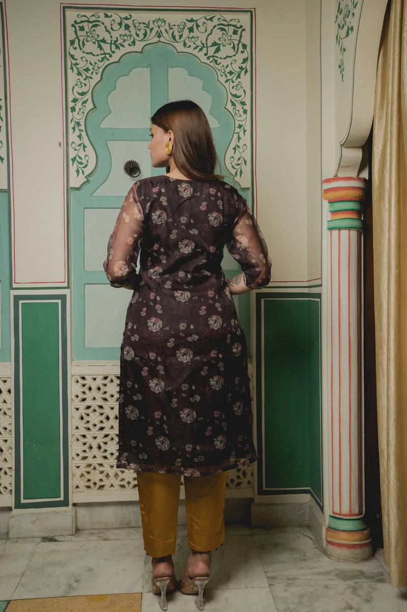 Brown And Golden With Floral Organza Suit Set back view
