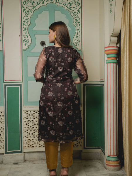Brown And Golden With Floral Organza Suit Set back view
