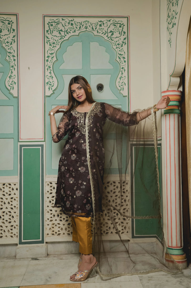 Brown And Golden With Floral Organza Suit Set

