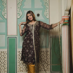 Brown And Golden With Floral Organza Suit Set
