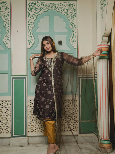 Brown And Golden With Floral Organza Suit Set
