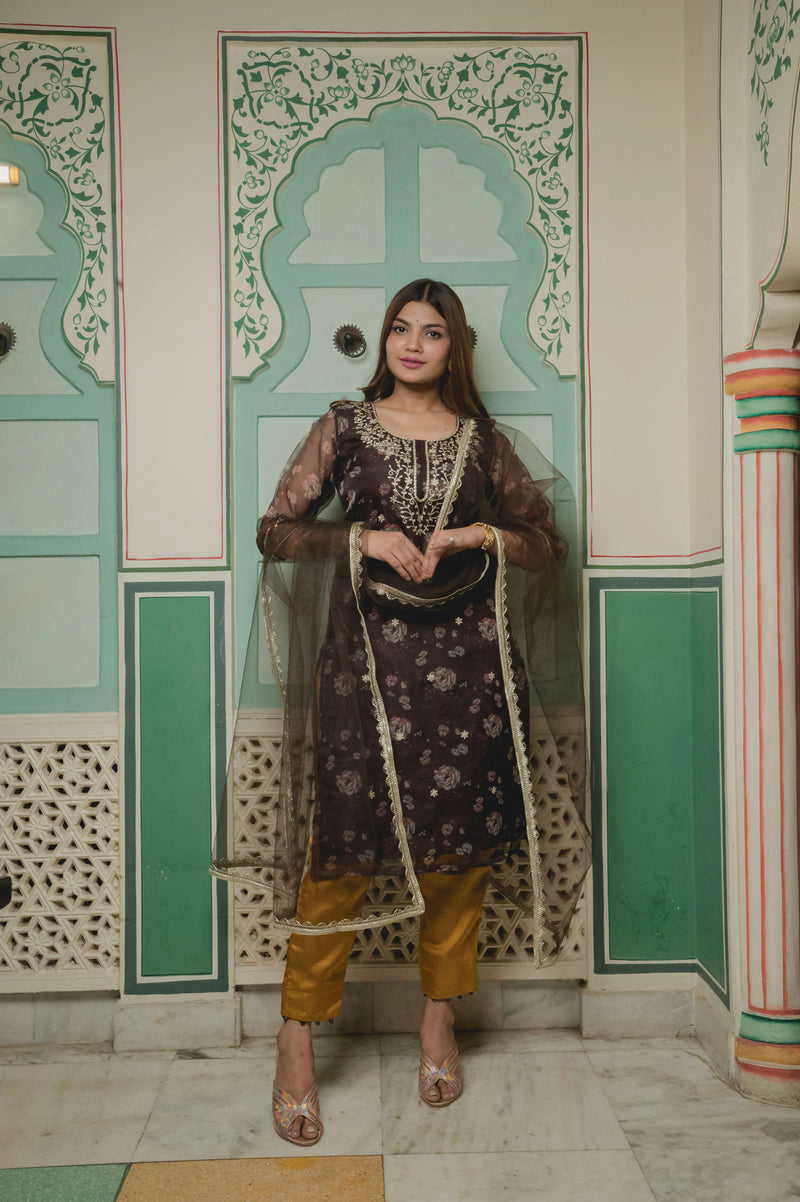 Brown And Golden With Floral Organza Suit Set front view
