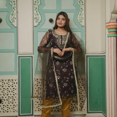 Brown And Golden With Floral Organza Suit Set front view

