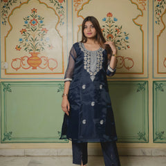 Blue festive suit with net dupatta
