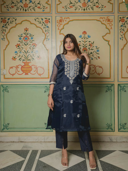 Blue festive suit with net dupatta
