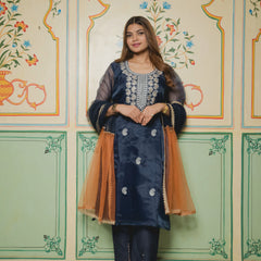 Dark blue organza suit set for women
