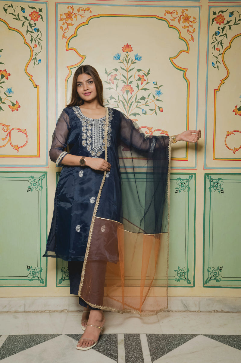 Thread work blue ethnic suit
