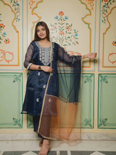 Thread work blue ethnic suit

