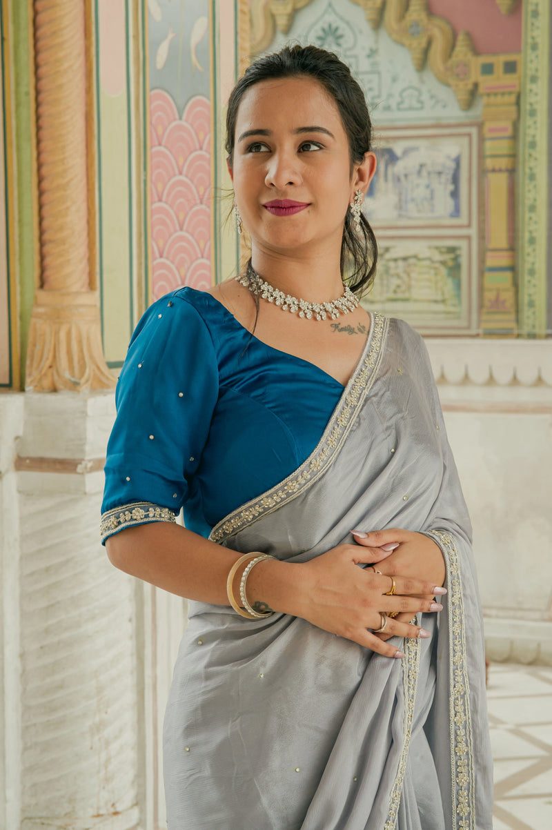 Grey party wear saree with border
