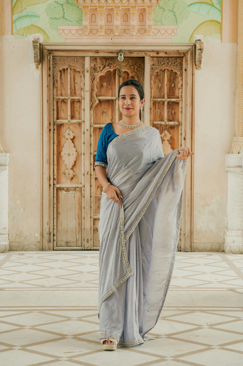 Grey chinnon saree for women
