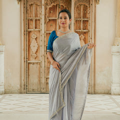 Grey chinnon saree for women
