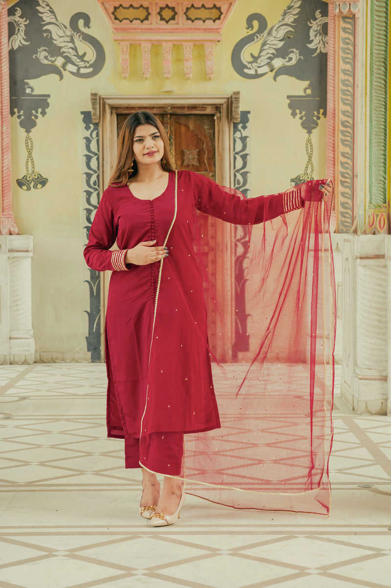 Wedding wear maroon satin suit set
