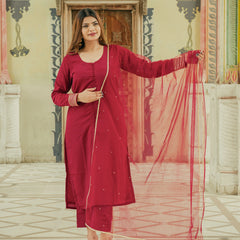 Wedding wear maroon satin suit set
