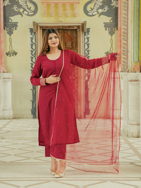 Wedding wear maroon satin suit set
