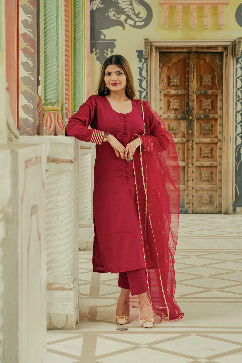 Maroon ethnic suit with gota work sleeves
