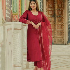 Maroon ethnic suit with gota work sleeves
